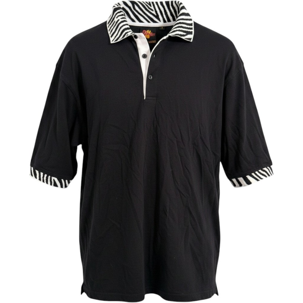 Safari‎ Polo Shirt Mens M Black Zebra Print Collar Cotton South Africa Vintage